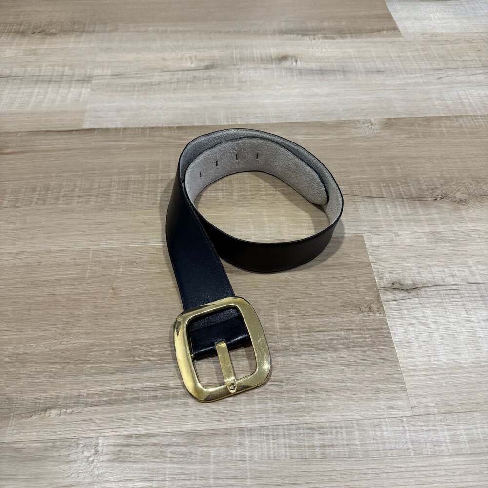 Vintage Christian Dior Black Leather Belt with Gold Buckle, Size Small